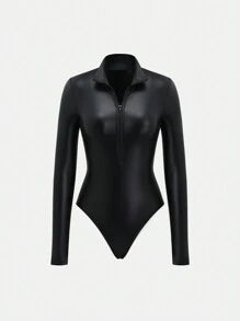 Women’s Black Faux Leather Long-Sleeve Bodysuit with Zip Neck and Stand Collar