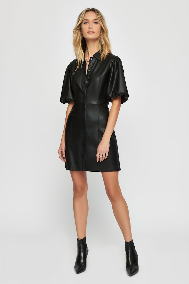 Black Faux Leather Puff Sleeve Shirt Dress, Belted Collared Mini Dress for Party, Casual & Evening Wear