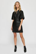 Black Faux Leather Puff Sleeve Shirt Dress, Belted Collared Mini Dress for Party, Casual & Evening Wear
