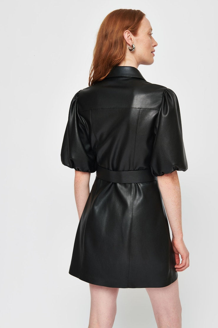 Black Faux Leather Puff Sleeve Shirt Dress, Belted Collared Mini Dress for Party, Casual & Evening Wear
