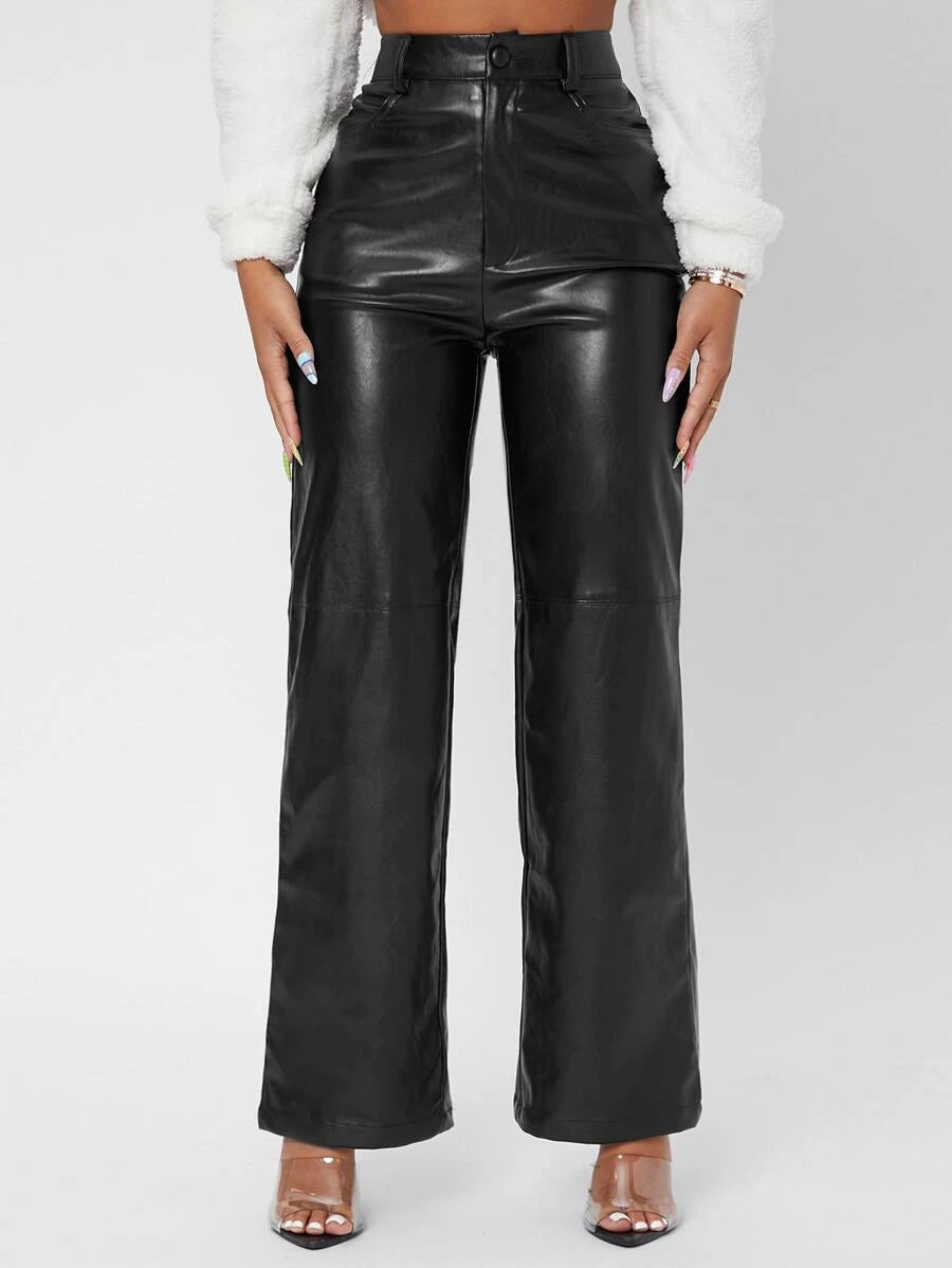 Solid High Waist Straight Leg PU Leather Going Out Pants 2