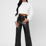 Solid High Waist Straight Leg PU Leather Going Out Pants