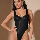 SHEIN BAE Solid PU Leather Bodysuit