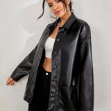 Women's Solid Color Drop Shoulder Long Sleeve Button PU Leather Casual Jacket