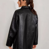 Women's Solid Color Drop Shoulder Long Sleeve Button PU Leather Casual Jacket