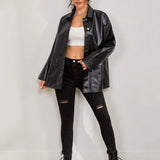 Women's Solid Color Drop Shoulder Long Sleeve Button PU Leather Casual Jacket