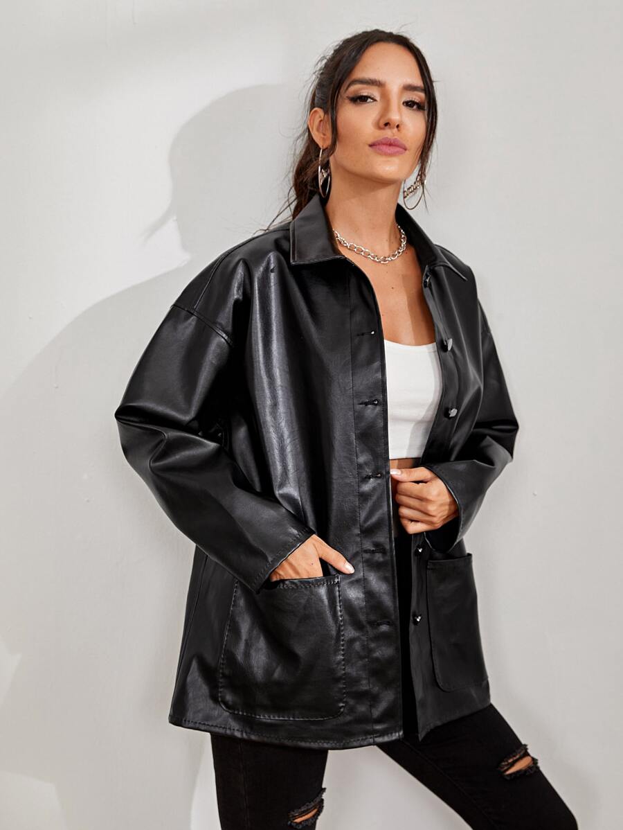 Women's Solid Color Drop Shoulder Long Sleeve Button PU Leather Casual Jacket 8