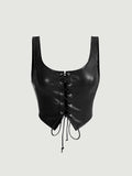 Black Lace-Up PU Leather Corset Top, Square Neck Sleeveless Gothic Crop Tank, Adjustable Clubwear