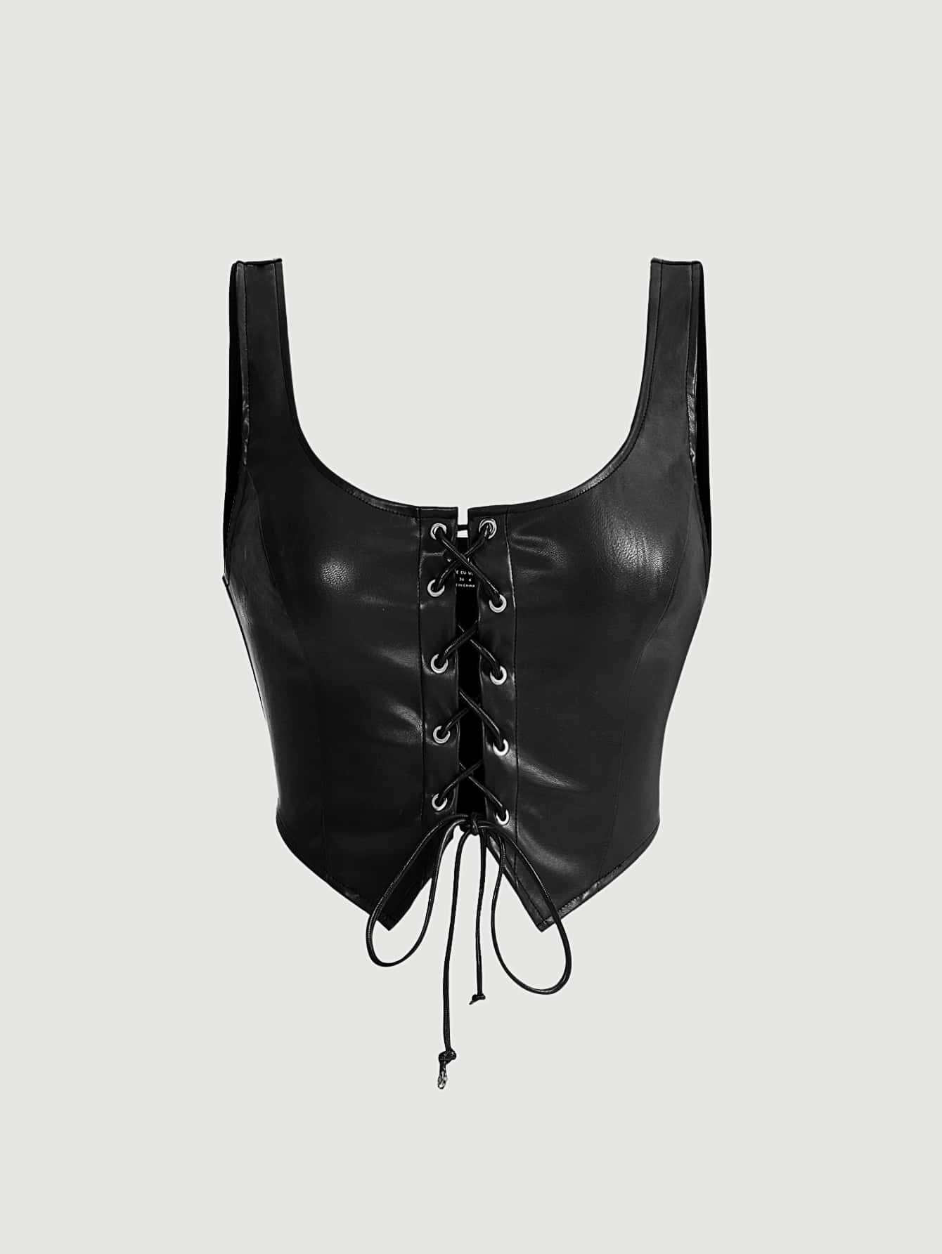 Black Lace-Up PU Leather Corset Top, Square Neck Sleeveless Gothic Crop Tank, Adjustable Clubwear