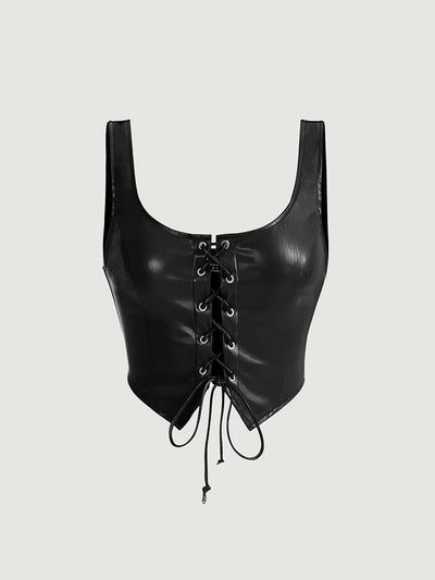Black Lace-Up PU Leather Corset Top, Square Neck Sleeveless Gothic Crop Tank, Adjustable   Clubwear