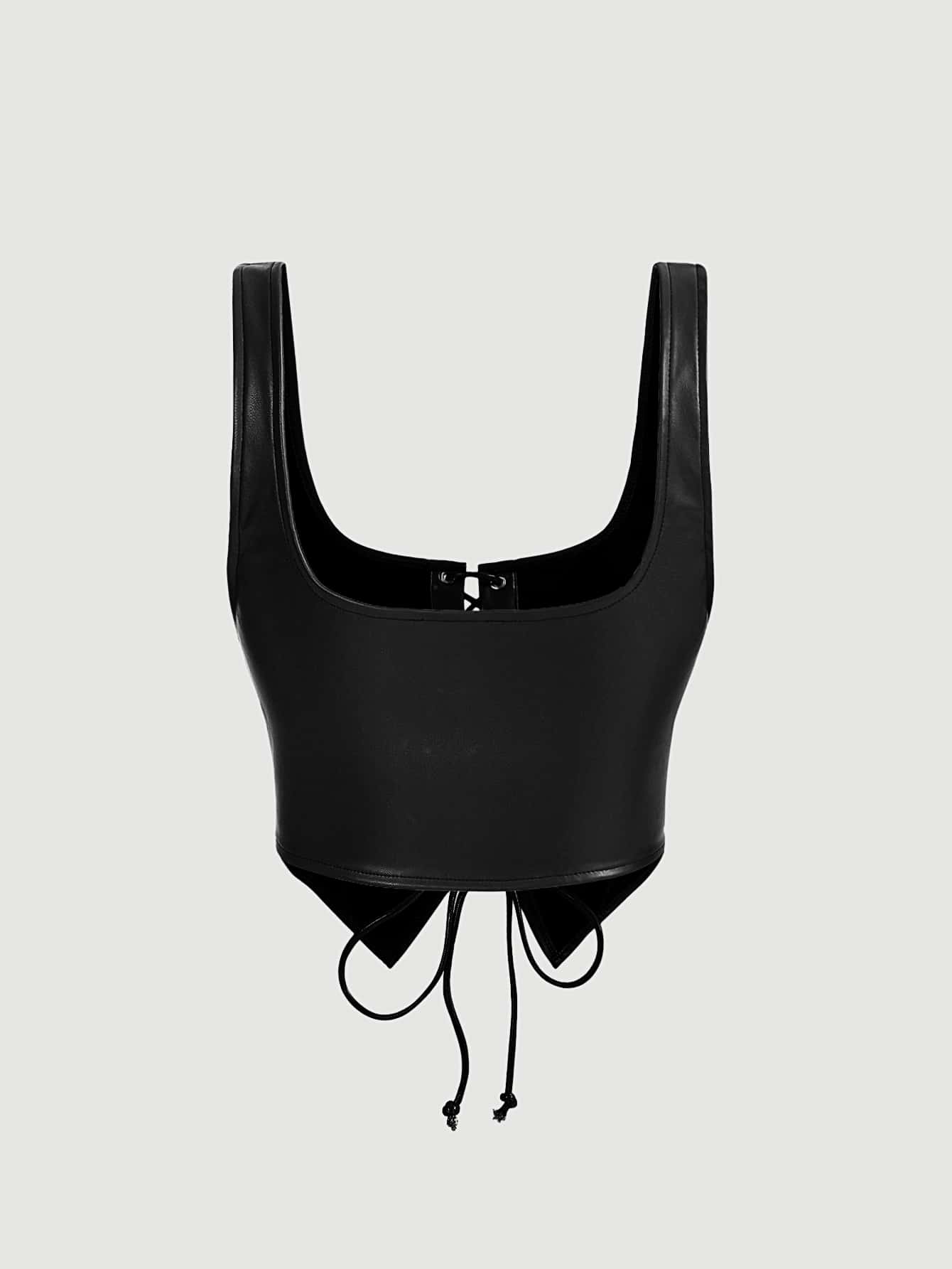 Black Lace-Up PU Leather Corset Top, Square Neck Sleeveless Gothic Crop Tank, Adjustable Clubwear