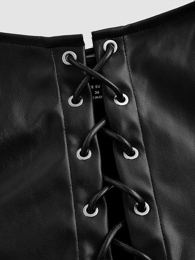 Black Lace-Up PU Leather Corset Top, Square Neck Sleeveless Gothic Crop Tank, Adjustable   Clubwear