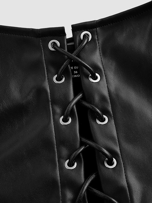 Black Lace-Up PU Leather Corset Top, Square Neck Sleeveless Gothic Crop Tank, Adjustable Clubwear