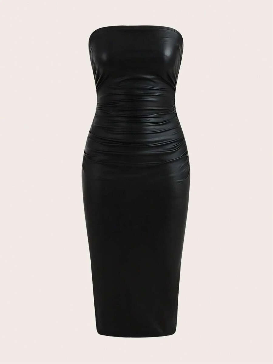 Thigh-Slit PU Leather Bandeau Bodycon Long Dress 1