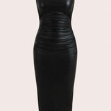 Thigh-Slit PU Leather Bandeau Bodycon Long Dress