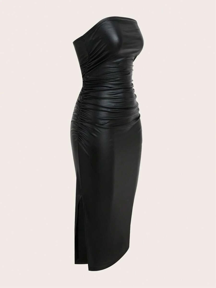 Thigh-Slit PU Leather Bandeau Bodycon Long Dress 2