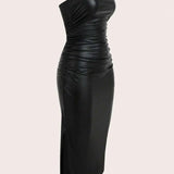 Thigh-Slit PU Leather Bandeau Bodycon Long Dress