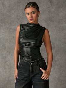 Women’s Black Faux Leather Sleeveless Bodysuit with Draped High Neck