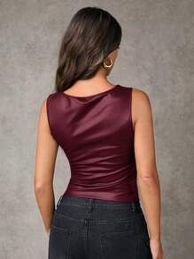 Burgundy Faux Leather Sleeveless Top, Fitted Round Neck Crop Tank for Casual, Party & Going-Out Wear
