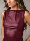 Burgundy Faux Leather Sleeveless Top, Fitted Round Neck Crop Tank for Casual, Party & Going-Out Wear