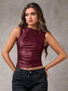Burgundy Faux Leather Sleeveless Top, Fitted Round Neck Crop Tank for Casual, Party & Going-Out Wear