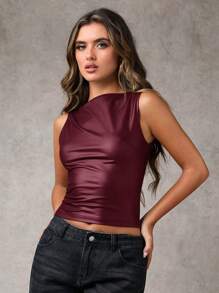 Burgundy Faux Leather Sleeveless Top, Fitted Round Neck Crop Tank for Casual, Party & Going-Out Wear