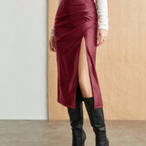 Women Solid Color PU Leather Pleated Side Split Asymmetrical Skirt