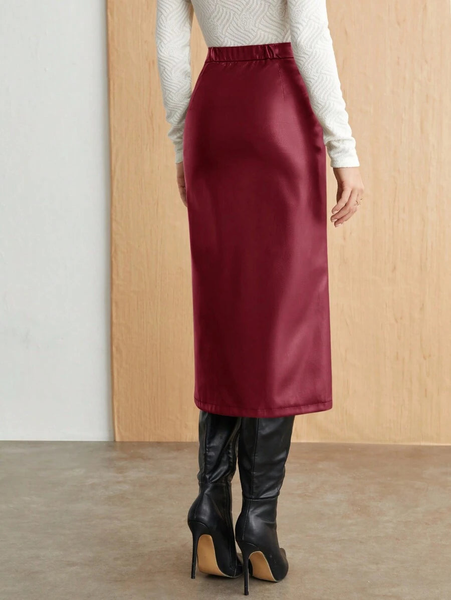 Women Solid Color PU Leather Pleated Side Split Asymmetrical Skirt 4