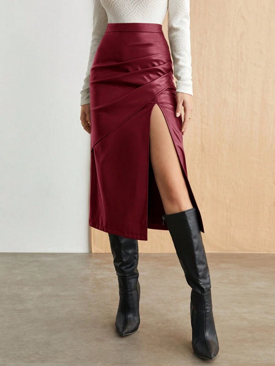 Women Solid Color PU Leather Pleated Side Split Asymmetrical Skirt 6