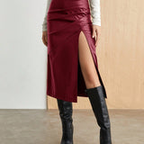Women Solid Color PU Leather Pleated Side Split Asymmetrical Skirt