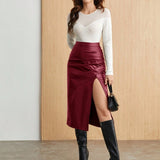 Women Solid Color PU Leather Pleated Side Split Asymmetrical Skirt