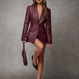 Women Vintage Burgundy Leather PU Cinched Waist Suit Jacket