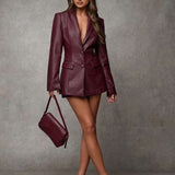 Women Vintage Burgundy Leather PU Cinched Waist Suit Jacket