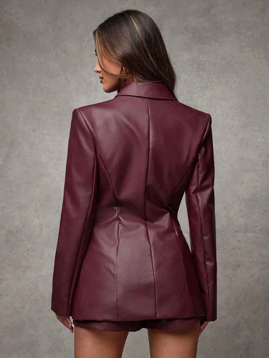 Women Vintage Burgundy Leather PU Cinched Waist Suit Jacket 6