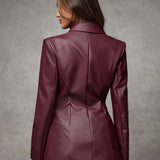 Women Vintage Burgundy Leather PU Cinched Waist Suit Jacket