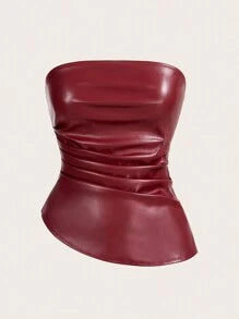 Burgundy Faux Leather One-Shoulder Top with Gold Ring, Ruched Asymmetric Party Blouse (Copy)