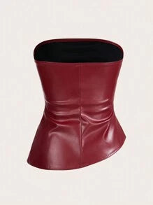 Burgundy Faux Leather One-Shoulder Top with Gold Ring, Ruched Asymmetric Party Blouse (Copy)