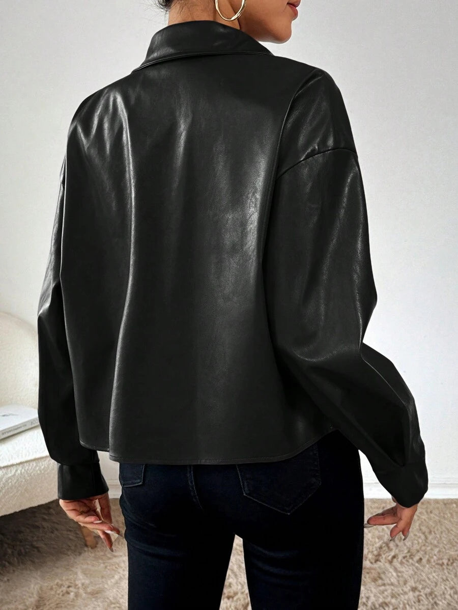 Women Casual Solid Color Front Button Drop Shoulder Loose Jacket 3