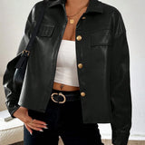 Women Casual Solid Color Front Button Drop Shoulder Loose Jacket