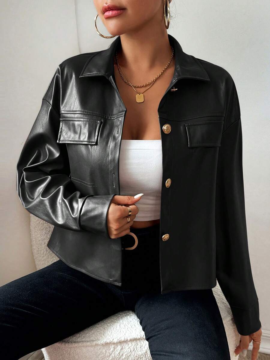 Women Casual Solid Color Front Button Drop Shoulder Loose Jacket
