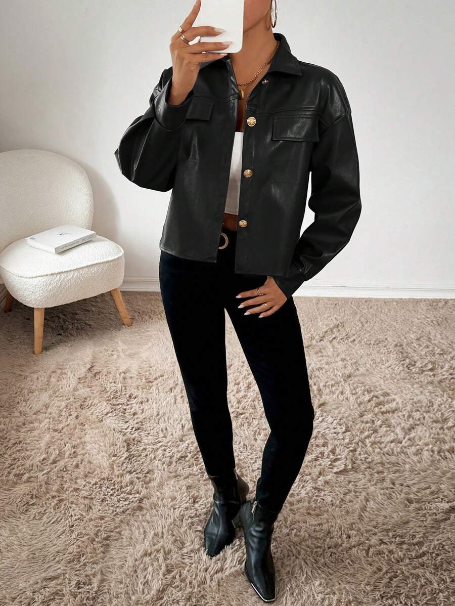 Women Casual Solid Color Front Button Drop Shoulder Loose Jacket 5