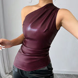 Women's Elegant Chic Vintage Motorcycle Solid PU Asymmetric Ruched Waist Tank Top