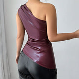 Women's Elegant Chic Vintage Motorcycle Solid PU Asymmetric Ruched Waist Tank Top