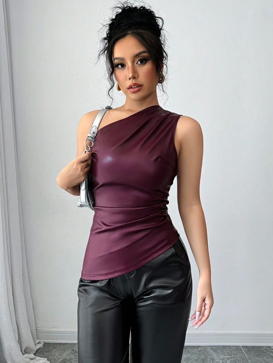 Women's Elegant Chic Vintage Motorcycle Solid PU Asymmetric Ruched Waist Tank Top 2