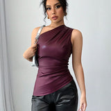 Women's Elegant Chic Vintage Motorcycle Solid PU Asymmetric Ruched Waist Tank Top