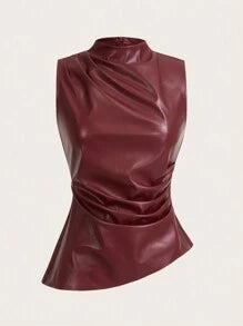Back view of a burgundy faux leather fitted top showing a clean sleeveless cut, smooth finish, and shaped peplum-style silhouette.