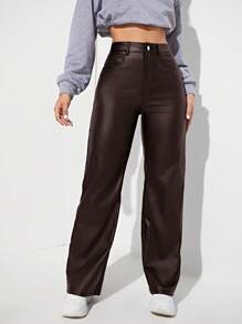 Women’s Brown PU Leather Straight Leg Pants – High Waist Loose Fit Pocket Trousers