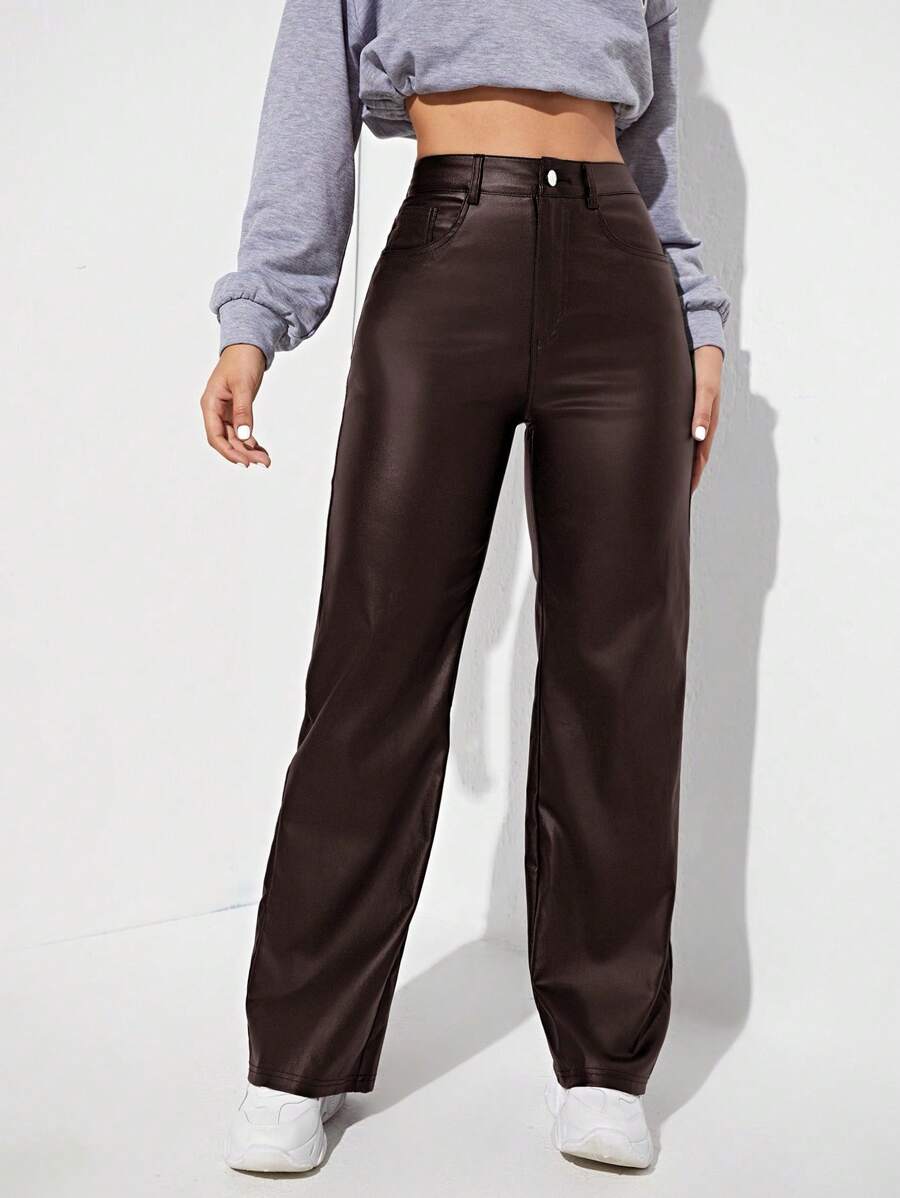 Women’s Brown PU Leather Straight Leg Pants – High Waist Loose Fit Pocket Trousers