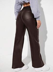 Women’s Brown PU Leather Straight Leg Pants – High Waist Loose Fit Pocket Trousers