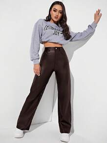Women’s Brown PU Leather Straight Leg Pants – High Waist Loose Fit Pocket Trousers